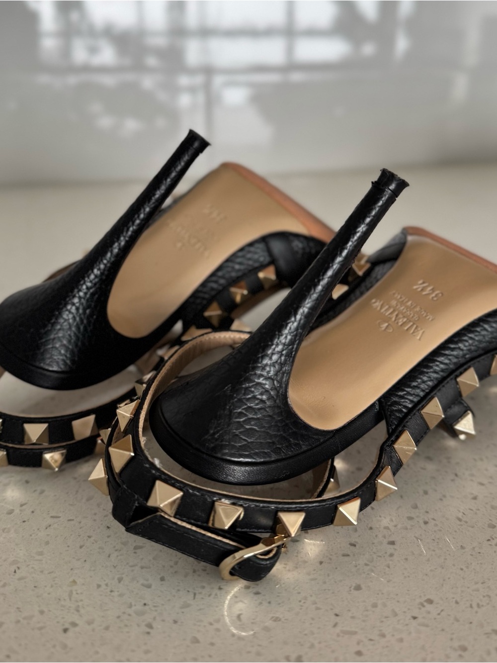 Valentino Black Leather T-Strap Rockstud Heels with Gold Studs - Picture 5 of 6